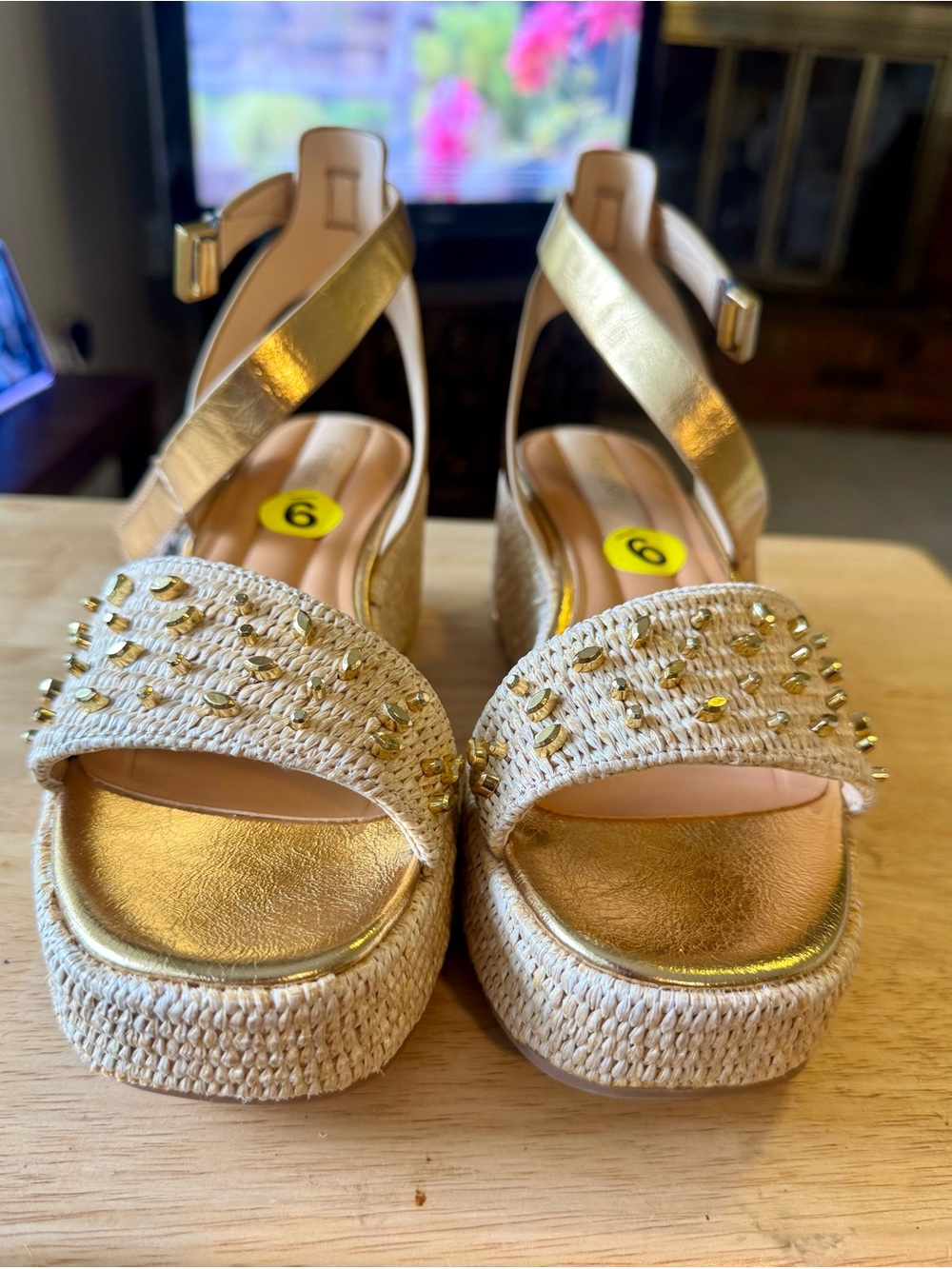 Franco Sarto Gold Raffia Platform Wedge Sandals with Stud Accents